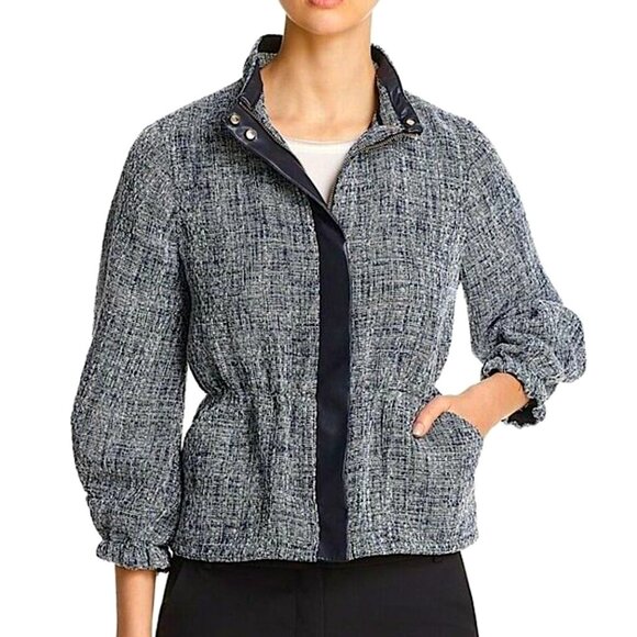 DONNA KARAN BLACK LABEL Zip Up Mock Neck Tweed Peplum Jacket - Picture 1 of 13